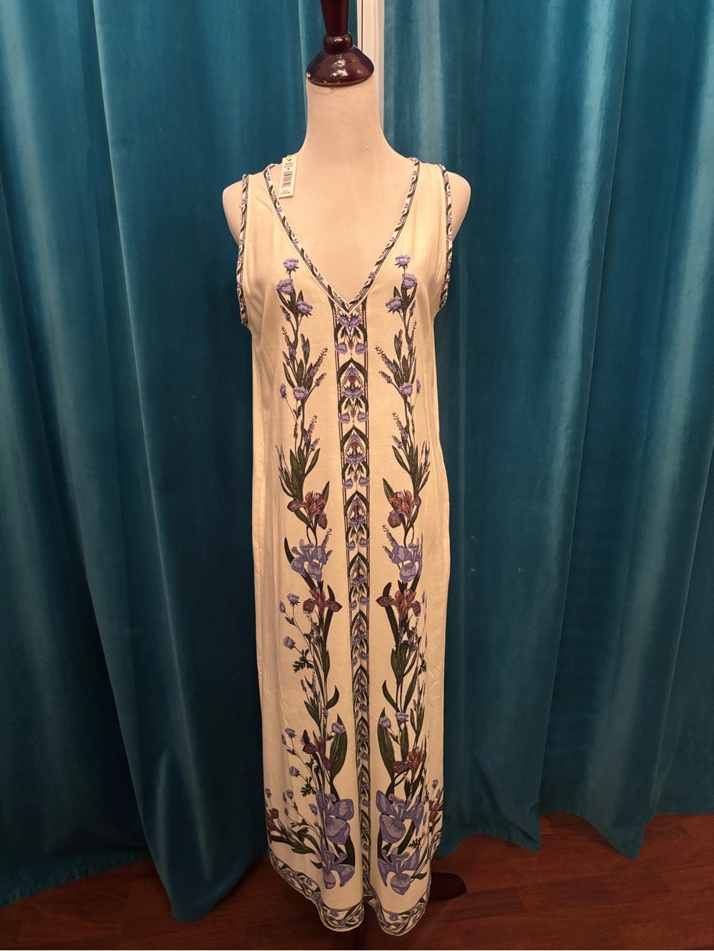 Max Studio Cream Maxi Dress with Purple & Green Floral Trim